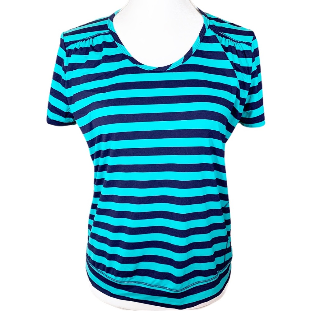 🎀 Teal /Blue Stripe Short Sleeve Active Top - Picture 2 of 9